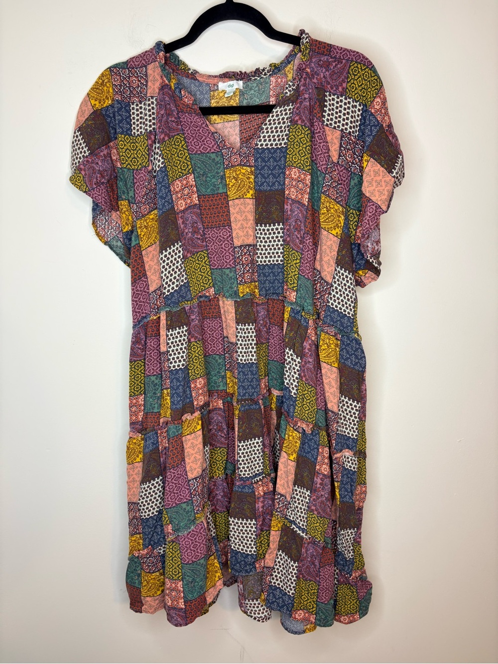dip Multicolor Boho Patchwork Short Sleeve Tiered Dress Size 2X